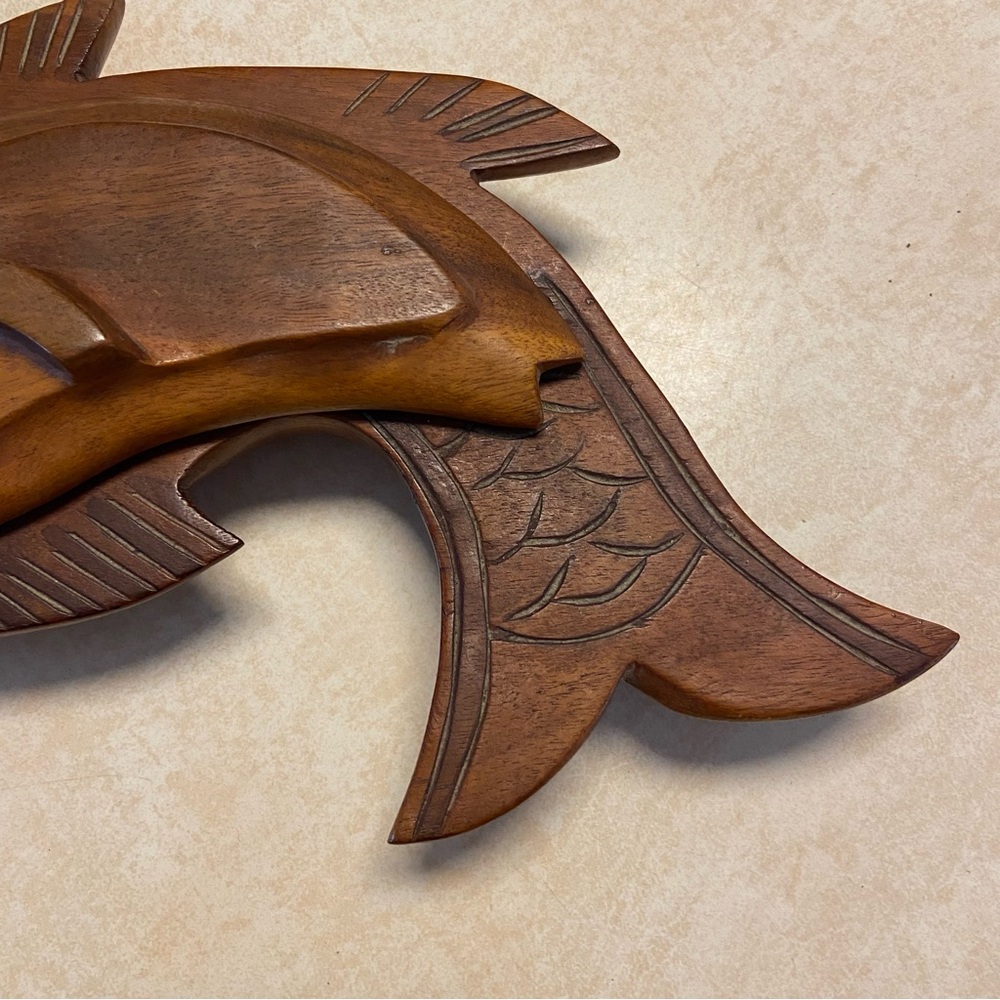 Vintage Hand Carved Wood Fish Lidded Trinket Jewelry Box Candy Dish Fisherman - Picture 3 of 11